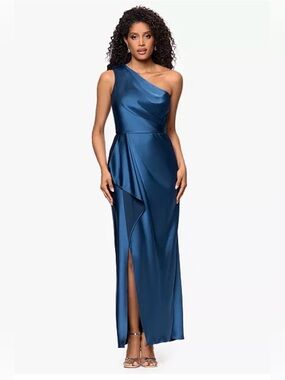 Xscape One-Shoulder Satin Gown in Navy Blue